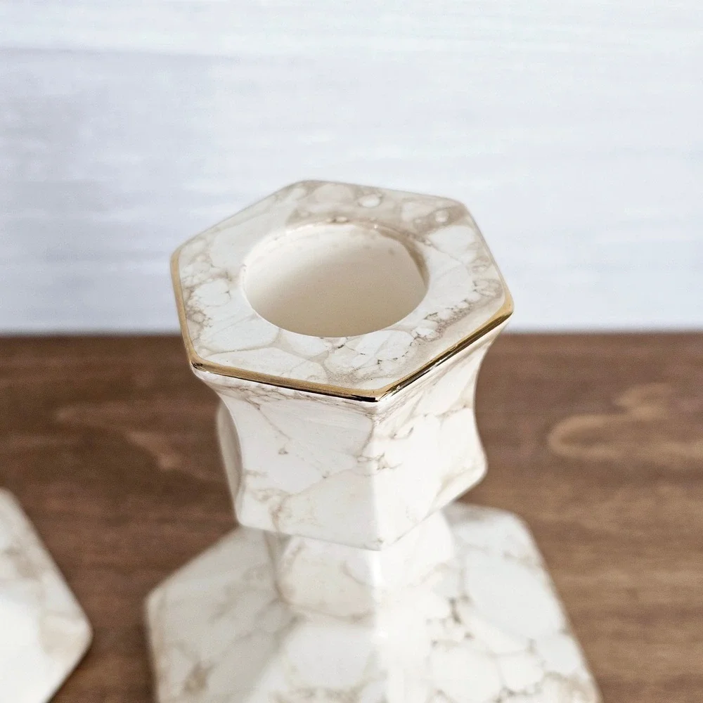 Vintage PartyLite Set of 2 Tan Gold And Beige Marble Look Candlestick Holders